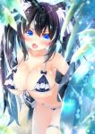  1girl :o animal_ear_fluff animal_ears bare_shoulders bikini black_hair black_jacket blue_ribbon blurry blurry_background blurry_foreground blush breasts cat_ears cleavage commentary_request day depth_of_field drawstring fang frilled_bikini frills front-tie_bikini front-tie_top hair_ribbon highres innertube jacket large_breasts leaning_forward long_hair looking_at_viewer off_shoulder ooji_cha open_mouth original outdoors ribbon solo striped striped_bikini swimsuit thigh_strap twintails very_long_hair 