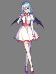  1girl bangs bat_wings blue_hair blush center_frills commentary crossed_legs dress eyebrows_visible_through_hair frilled_shirt_collar frills full_body grey_background hair_between_eyes hand_up head_tilt high_heels highres juliet_sleeves junior27016 long_sleeves looking_at_viewer no_hat no_headwear pointy_ears puffy_sleeves red_eyes red_footwear red_sash remilia_scarlet sash short_dress short_hair sidelocks simple_background sketch smile solo standing thighhighs touhou white_dress white_legwear wings zettai_ryouiki 