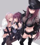  3girls absurdres alternate_costume ashita_kura bangs belt breasts cleavage cuffs dress elbow_gloves expressionless fate/grand_order fate_(series) fur_coat fur_trim garter_straps gloves grey_background handcuffs hat headpiece highres holding_hands jacket jacket_on_shoulders large_breasts leather leather_jacket long_hair long_sleeves looking_afar looking_at_viewer medb_(fate)_(all) medb_(fate/grand_order) multiple_girls navel necktie pantyhose peaked_cap ponytail red_eyes scathach_(fate)_(all) scathach_(fate/grand_order) scathach_skadi_(fate/grand_order) sheer_clothes sitting standing strapless thighhighs tubetop yellow_eyes zipper 