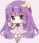  1girl absurdly_long_hair bangs black_footwear black_neckwear blunt_bangs blush bow bowtie chestnut_mouth chibi commentary_request crescent crescent_hair_ornament double_bun dress eyebrows_visible_through_hair food hair_ornament hair_ribbon head_tilt holding holding_food ice_cream ice_cream_cone kagome_f lavender_background leg_ribbon long_hair looking_at_viewer no_hat no_headwear open_clothes open_robe patchouli_knowledge pink_robe purple_eyes purple_hair ribbon robe shiny shiny_hair short_dress sidelocks simple_background solo standing striped striped_dress touhou tress_ribbon vertical-striped_dress vertical_stripes very_long_hair 