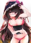  1girl bangs bare_arms bare_shoulders bikini black_hair breasts cleavage collarbone commentary_request eyebrows_visible_through_hair fang fate/grand_order fate_(series) glasses hat holding kazuya0810 large_breasts long_hair looking_at_viewer orange_hair osakabe-hime_(fate/grand_order) pink_bikini red_eyes red_ribbon ribbon simple_background skin_fang solo swimsuit white_background 