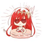  1girl :| bangs bare_arms bare_shoulders bikini breasts chibi closed_mouth commentary_request eyebrows_visible_through_hair facing_viewer godguard_brodia granblue_fantasy hair_between_eyes hair_ornament heart heart-shaped_eyewear highres innertube long_hair medium_breasts red-framed_eyewear red_hair signature simple_background sofra solo sunglasses swimsuit very_long_hair white_background white_bikini 
