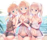 3girls :d ahoge anchor_hair_ornament backlighting backpack bag bangs bare_arms bare_shoulders bikini bismarck_(kantai_collection) black_bikini black_bikini_bottom black_ribbon blonde_hair blue_eyes blurry blurry_background blush bow breasts cleavage closed_mouth collarbone commentary_request day depth_of_field eyebrows_visible_through_hair fingernails graf_zeppelin_(kantai_collection) green_eyes grey_bikini hair_between_eyes hair_bow hair_ornament hair_ribbon hairclip holding_hands interlocked_fingers jacket kantai_collection large_breasts long_hair multiple_girls off_shoulder open_clothes open_jacket open_mouth outdoors parted_lips prinz_eugen_(kantai_collection) purple_eyes red_bow ribbon see-through smile swimsuit twintails water white_bikini_top white_jacket yuriko 