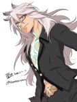  1boy aqua_eyes black_shirt chest_tattoo closed_mouth dutch_angle fate/grand_order fate_(series) glasses long_hair looking_at_viewer male_focus partially_unbuttoned shirt siegfried_(fate) smile super_cool_biz tattoo 