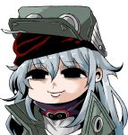  1girl absurdres blank_eyes g11_(girls_frontline) girls_frontline green_headwear green_jacket grey_hair haho hat highres jacket looking_at_viewer messy_hair scarf scarf_on_head shoulder_cutout smile 