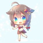  1girl adapted_costume ahoge bikini black_bikini black_hair black_sarong blue_background blue_eyes braid chibi full_body hair_flaps hair_over_shoulder head_tilt kantai_collection kouu_hiyoyo long_hair looking_at_viewer remodel_(kantai_collection) sarong shigure_(kantai_collection) single_braid smile solo swimsuit 