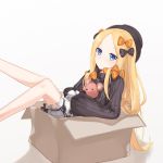  1girl abigail_williams_(fate/grand_order) artist_request bangs black_bow black_headwear blonde_hair blue_eyes bow box dress fate/grand_order fate_(series) hair_bow hat highres long_hair long_sleeves looking_at_viewer orange_bow parted_bangs polka_dot polka_dot_bow simple_background sleeves_past_fingers sleeves_past_wrists solo stuffed_animal stuffed_toy teddy_bear very_long_hair white_background 