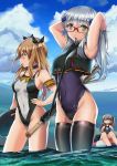  404_(girls_frontline) 404_logo_(girls_frontline) 4girls armband artist_request assault_rifle beach breast_envy g11_(girls_frontline) girls_frontline glasses gun h&amp;k_hk416 hk416_(girls_frontline) jealous multiple_girls navel one-piece_swimsuit rifle siblings sisters suppressor swimsuit thighhighs twins twintails ump45_(girls_frontline) ump9_(girls_frontline) wading water weapon 
