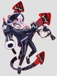  1boy black_footwear black_legwear dual_wielding earrings gun h@ruichi hat holding holding_gun holding_weapon jewelry jiangshi navel necklace pale_skin red_eyes sharp_teeth smile solo splatoon_(series) splatoon_2 sticker teeth weapon 