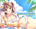  1girl :d ahoge ass_visible_through_thighs bangs bare_shoulders bikini blue_sky blurry blurry_background blurry_foreground blush bracelet breasts brown_eyes brown_hair cameltoe chair cleavage cloud cloudy_sky collarbone commentary_request day depth_of_field drink eyebrows_visible_through_hair flower frilled_bikini frills hair_between_eyes hair_flower hair_ornament jewelry large_breasts long_hair lounge_chair lying navel on_side open_mouth original outdoors pan_(mimi) sidelocks sky smile solo swimsuit thigh_gap tropical_drink two_side_up white_bikini white_flower 