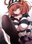  1girl black_legwear breasts eyebrows_visible_through_hair fate/grand_order fate_(series) fujimaru_ritsuka_(female) fujitaka_nasu grin hair_between_eyes hair_ornament hair_scrunchie highres large_breasts long_hair long_sleeves looking_at_viewer medium_breasts one_side_up open_mouth orange_hair pantyhose prison_clothes prisoner scrunchie smile solo striped white_background yellow_eyes yellow_scrunchie 