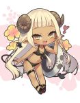  bikini black_bikini blonde_hair demon_girl demon_horns demon_tail demon_wings floral_background flower front-tie_bikini front-tie_top hama_chon head_wings hibiscus horns innertube long_hair navel original pointy_ears succubus swimsuit tail tan wings 