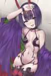  1girl bangs bare_shoulders blush bob_cut breasts collarbone eyeliner fate/grand_order fate_(series) hand_up headpiece horns japanese_clothes kimono long_sleeves looking_at_viewer makeup navel oni oni_horns open_clothes open_kimono open_mouth parusu_(ehyfhugj) purple_eyes purple_hair purple_kimono red_legwear revealing_clothes short_eyebrows short_hair shuten_douji_(fate/grand_order) small_breasts solo tongue tongue_out wide_sleeves 