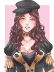  1girl black_headwear breasts brown_hair choker cleavage dorothea_(fire_emblem) fire_emblem fire_emblem:_three_houses green_eyes hat highres long_hair parted_lips pink_background simple_background solo uniform upper_body yumikari07 