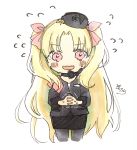  1girl bangs black_bow black_choker black_headwear black_jacket black_skirt blonde_hair blush bow choker cropped_legs ereshkigal_(fate/grand_order) eyebrows_visible_through_hair fate/grand_order fate_(series) flying_sweatdrops forehead grey_legwear hair_ribbon hands_together highres interlocked_fingers jacket long_hair long_sleeves nervous_smile own_hands_together pantyhose parted_bangs pencil_skirt pink_eyes red_ribbon ribbon signature simple_background skirt sofra solo sweat tilted_headwear trembling two_side_up very_long_hair wavy_mouth white_background 