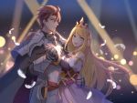  1boy 1girl aqua_eyes armor blonde_hair blue_eyes brown_hair chelle_(dragalia_lost) closed_mouth cowboy_shot dancing dark_background dragalia_lost dress english_commentary expressionless eyebrows_visible_through_hair feathers gradient gradient_background happy_(artist) highres holding_hands knight leif_(dragalia_lost) lens_flare light_particles long_hair open_mouth princess short_hair smile spotlight tiara very_long_hair white_feathers 
