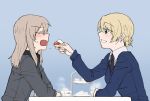  2girls bangs black_neckwear blonde_hair blue_background blue_eyes blue_sweater blurry blush braid commentary cup darjeeling dress_shirt elbow_rest eyebrows_visible_through_hair eyes_visible_through_hair feeding flying_sweatdrops food frown girls_und_panzer grey_shirt holding holding_food itsumi_erika kuromorimine_school_uniform leaning_forward long_sleeves looking_at_another medium_hair multiple_girls necktie open_mouth parted_lips saucer school_uniform shirt short_hair silver_hair simple_background sitting smile st._gloriana&#039;s_school_uniform steam sweatdrop sweater table teacup tied_hair tiered_tray torinone v-neck white_shirt wing_collar 