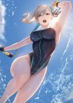  1girl arm_up armpits bangs blue_eyes blue_sky blue_swimsuit blush breasts competition_swimsuit day dual_wielding fate/grand_order fate_(series) floating_hair hair_bun highres holding jewelry jumping large_breasts leg_up long_hair looking_at_viewer miyamoto_musashi_(fate/grand_order) mugetsu2501 one-piece_swimsuit open_mouth outdoors sidelocks sky solo splashing swimsuit upper_body wet white_hair wristband 