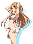  1girl armpits arms_up ass asuna_(sao) bare_shoulders bikini breasts brown_eyes brown_hair commentary_request eyebrows_visible_through_hair from_side large_breasts long_hair looking_at_viewer mutou_keiji side-tie_bikini simple_background smile solo swimsuit sword_art_online white_background white_bikini 