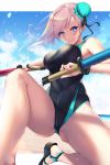  1girl ass_visible_through_thighs bangs bare_shoulders beach black_swimsuit blue_eyes blue_sky blue_swimsuit blush border breasts bun_cover closed_mouth competition_swimsuit fate/grand_order fate_(series) fukai_ryousuke hair_bun highleg highleg_swimsuit highres large_breasts long_hair looking_at_viewer miyamoto_musashi_(fate/grand_order) one-piece_swimsuit pink_hair sandals sky smile solo swept_bangs swimsuit thighs toy_sword two-tone_swimsuit water_drop white_border 