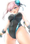  1girl :d absurdres ass_visible_through_thighs bangs bare_shoulders black_ribbon black_swimsuit blue_eyes blush breasts bun_cover commentary_request eyebrows_visible_through_hair fate/grand_order fate_(series) from_below groin hair_between_eyes hair_bun highleg highleg_swimsuit highres holding long_hair looking_at_viewer looking_down medium_breasts miyamoto_musashi_(fate/grand_order) open_mouth pink_hair ribbon round_teeth samoore side_bun sidelocks simple_background single_hair_intake smile solo swimsuit teeth upper_teeth v-shaped_eyebrows white_background wristband 
