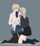  2girls bangs black_legwear black_neckwear black_skirt blonde_hair blue_eyes blue_skirt braid commentary darjeeling dress_shirt girls_und_panzer grey_background grey_shirt half-closed_eyes hand_on_another&#039;s_shoulder hand_on_another&#039;s_waist itsumi_erika kuromorimine_school_uniform long_sleeves looking_at_another miniskirt multiple_girls navel necktie necktie_in_mouth no_shoes one_knee pantyhose parted_lips partially_unbuttoned pleated_skirt school_uniform see-through shirt short_hair silver_hair simple_background skirt socks st._gloriana&#039;s_school_uniform tied_hair torinone wet wet_clothes wet_shirt white_shirt wing_collar 