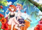  2girls ass bare_arms bare_shoulders beach bikini black_bikini black_skirt blush breasts cloud collarbone commentary_request day drink eyebrows_visible_through_hair fate/grand_order fate_(series) floral_print flower from_side fujimaru_ritsuka_(female) grin hair_between_eyes hair_flower hair_ornament hat high_heels highres holding_drink kgr_lplc large_breasts looking_at_viewer mash_kyrielight multiple_girls one_eye_closed orange_eyes orange_hair outdoors palm_tree pink_eyes pink_hair red_flower skirt smile sun_hat sunflower swimsuit tree water white_flower yellow_flower 