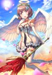  1girl :d angel angel_wings bangs bare_shoulders blue_bow blue_sky blurry blurry_foreground blush bow breasts brown_eyes brown_hair cleavage cloud commentary_request day depth_of_field dress elbow_gloves eyebrows_visible_through_hair feathered_wings flower flower_wreath garter_straps gloves glowing hair_between_eyes hair_bow halo hand_to_own_mouth hand_up head_wreath highres holding medium_breasts miya_(tokumei) open_mouth original outdoors petals pink_flower red_footwear shoes sky smile solo sun sunlight thighhighs white_dress white_gloves white_legwear white_wings wings 