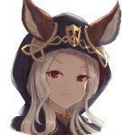  1girl :t animal_ears blush closed_mouth commentary_request ears_through_headwear forehead granblue_fantasy highres hood hood_up long_hair looking_at_viewer portrait pout red_eyes scathacha_(granblue_fantasy) silver_hair simple_background solo v-shaped_eyebrows white_background yukitourou 
