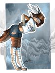  2019 anthro antlers bent_over border brown_hair clothing costume detailed_background digital_media_(artwork) dragon fashion female fullbody fur furred_dragon hair hi_res horn kipsy kipsy_(character) looking_at_viewer pinup pose scales signature solo standing tongue tongue_out 