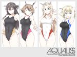  4girls armpits arms_up black_hair black_swimsuit blonde_hair blue_eyes breasts brown_hair colorado_(kantai_collection) competition_swimsuit cowboy_shot green_eyes hairband headgear kantai_collection large_breasts long_hair multiple_girls mutsu_(kantai_collection) nagato_(kantai_collection) nelson_(kantai_collection) one-piece_swimsuit red_eyes short_hair side_braids souji split_theme swimsuit white_swimsuit 