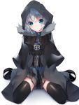  1girl absurdres add_(lord_el-melloi_ii) bangs black_footwear black_gloves black_legwear blush cloak closed_mouth commentary_request eyebrows_visible_through_hair fate_(series) full_body fur-trimmed_cloak fur_trim gloves gray_(lord_el-melloi_ii) green_eyes grey_cloak grey_skirt hair_between_eyes hands_up head_tilt highres hood hood_up hooded_cloak long_hair looking_at_viewer lord_el-melloi_ii_case_files plaid plaid_skirt pleated_skirt shadow shoes silver_hair skirt smile suisen-21 thighhighs white_background 