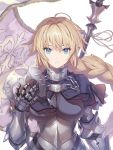  1girl armor armored_dress blonde_hair blue_eyes braid breasts capelet chain closed_mouth fate/grand_order fate_(series) flag fur_trim gauntlets headpiece highres jeanne_d&#039;arc_(fate) jeanne_d&#039;arc_(fate)_(all) long_braid long_hair saitou_masatsugu single_braid solo standard_bearer very_long_hair 