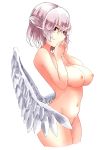  1girl bangs breasts commentary_request covering_mouth cowboy_shot cropped_legs deetamu feathered_wings from_side groin hair_between_eyes hands_up highres kishin_sagume large_breasts looking_at_viewer navel nipples nude red_eyes short_hair silver_hair simple_background single_wing solo standing stomach thighs touhou white_background white_wings wings 
