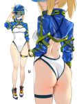  1girl ahoge arm_at_side artoria_pendragon_(all) ass back bangs bare_back bare_legs baseball_cap blue_headwear breasts cleavage closed_mouth competition_swimsuit covered_navel eyebrows_visible_through_hair fate/grand_order fate_(series) green_eyes hat highleg highleg_swimsuit highres long_hair long_sleeves looking_at_viewer looking_back medium_breasts multiple_views mysterious_heroine_xx_(foreigner) one-piece_swimsuit ponytail shoes shrug_(clothing) sidelocks simple_background smile standing sweatband swimsuit thigh_strap thighs white_background white_footwear white_swimsuit yang-do 