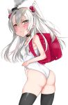  1girl alternate_costume amatsukaze_(kantai_collection) ass backpack bag black_legwear blush brown_eyes chigasaki_y commentary_request cowboy_shot from_behind hair_bobbles hair_ornament hat highres kantai_collection long_hair looking_at_viewer looking_back mini_hat pout randoseru school_swimsuit silver_hair simple_background smoke solo standing swimsuit thighhighs two_side_up white_background white_school_swimsuit white_swimsuit 