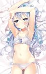  1girl :t armpits arms_up ass_visible_through_thighs bangs bare_arms bare_shoulders blue_eyes blue_flower blue_hair blush bow bow_bra bra breasts closed_mouth collarbone eyebrows_visible_through_hair flower frilled_bra frills gochuumon_wa_usagi_desu_ka? groin hair_between_eyes hair_flower hair_ornament highres holding holding_towel kafuu_chino long_hair lying navel neki_(wakiko) on_back panties pout small_breasts solo towel underwear underwear_only very_long_hair white_bra white_panties 