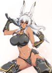  1girl animal_ears bare_shoulders black_gloves breasts bunny_ears covered_nipples dark_skin ebido final_fantasy final_fantasy_xiv gloves gun hair_between_eyes highres holding holding_gun holding_weapon large_breasts long_hair looking_at_viewer midriff navel ponytail red_eyes silver_hair smile solo thighhighs viera weapon 