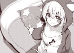  1girl animal_ears animal_hood azur_lane bangs bataan_(azur_lane) bed bed_sheet blush breasts cat_hood cat_pajamas collarbone commentary_request eyebrows_visible_through_hair fake_animal_ears from_above greyscale hood looking_at_viewer monochrome on_bed pajamas pillow short_hair sitting small_breasts smile solo takara_akihito whiskers 