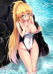  1girl against_rock ass_visible_through_thighs blonde_hair blue_eyes commentary_request competition_swimsuit fate/apocrypha fate/grand_order fate_(series) finger_to_mouth glasses highleg highleg_swimsuit highres index_finger_raised jeanne_d&#039;arc_(fate)_(all) jeanne_d&#039;arc_(swimsuit_archer) looking_at_viewer minato_yoshihiro one-piece_swimsuit ponytail rock solo swimsuit swimsuit_pull thigh_gap water whistle whistle_around_neck white_swimsuit 