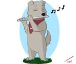  2019 3_toes 4_fingers anthro bandanna barefoot biped black_nose canid canine canis domestic_dog eyes_closed family_guy featureless_crotch fingers floppy_ears fluffy fluffy_tail flute full-length_portrait fur grass grey_fur grey_tail male mammal mostly_nude musical_instrument neckerchief new_brian portrait solo standing toes trevart 