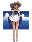  1girl anchor_symbol bare_legs bare_shoulders black_bow bow bra_strap breasts brown_eyes brown_hair brown_headwear cloud cloudy_sky collarbone dated dress eyebrows_visible_through_hair full_body hat hat_bow horizon kantai_collection kawashina_(momen_silicon) looking_at_viewer ocean off-shoulder_dress off_shoulder one-piece_tan outside_border parted_lips sandals short_hair skirt_hold sky smile solo standing straw_hat sun tan tanline torpedo water white_dress white_footwear yukikaze_(kantai_collection) 