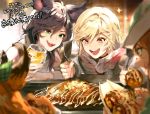  +_+ 3boys animal_ears arthur_(granblue_fantasy) black_hair blonde_hair cup drinking_glass eating erune food granblue_fantasy green_eyes grill jade_(granblue_fantasy) looking_down mordred_(granblue_fantasy) multiple_boys official_art okonomiyaki red_eyes smile sparkle spatula takoyaki walder 