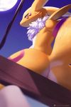  2019 ancesra anthro armwear bedroom_eyes black_sclera blue_eyes bridal_gauntlets butt canid canine clothing digimon digimon_(species) female fur half-closed_eyes hi_res looking_at_viewer mammal mostly_nude renamon seductive smile smirk solo white_fur yellow_fur 