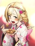  1girl blonde_hair blurry blurry_background braid djeeta_(granblue_fantasy) eating eyebrows_visible_through_hair floral_print flower food granblue_fantasy h_kasei hair_flower hair_ornament hairband japanese_clothes kimono looking_at_viewer obi open_mouth pink_hairband print_kimono sash short_hair solo yellow_eyes 