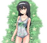  1girl absurdres animal_print artist_name ass_visible_through_thighs black_hair blush breasts brown_eyes closed_mouth collarbone eyebrows_visible_through_hair flower frog_print girls_und_panzer hair_ornament hairband highres long_hair looking_at_viewer outdoors reizei_mako shiny shiny_clothes shiny_hair shiny_skin small_breasts solo swimsuit swimwear zap-nik 