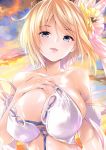  1girl amasora_taichi arm_at_side bikini blonde_hair blue_eyes breasts cloud collarbone commentary_request covered_nipples europa_(granblue_fantasy) eyebrows_visible_through_hair eyes_visible_through_hair flower granblue_fantasy hair_flower hair_ornament hand_on_own_chest highres large_breasts looking_at_viewer open_mouth outdoors shiny shiny_skin solo swimsuit untied untied_bikini upper_body white_bikini 