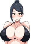  1girl bijin_onna_joushi_takizawa-san bikini black_bikini black_hair blush breasts brown_eyes cleavage earrings hair_bun jewelry large_breasts looking_at_viewer mole mole_under_mouth simple_background smile solo swimsuit takizawa_kyouko tawashi1623 white_background 