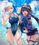  2girls black_gloves black_hair black_jacket black_shorts black_swimsuit blue_eyes blue_sky blush cloud commentary_request cowboy_shot day earrings fate/grand_order fate_(series) gloves hair_bun hair_ornament highres jacket jewelry long_hair looking_at_viewer miyamoto_musashi_(fate/grand_order) multiple_girls navel one_eye_closed osakabe-hime_(fate/grand_order) pink_hair red_eyes shorts side_ponytail ski_goggles sky swimsuit twintails very_long_hair yokaranu_yuuna 