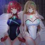  2girls bangs bare_shoulders bed blonde_hair breasts cleavage covered_navel gem headpiece highres hikari_(xenoblade_2) homura_(xenoblade_2) jewelry large_breasts long_hair looking_at_viewer multiple_girls noeomi one-piece_swimsuit short_hair smile swept_bangs swimsuit tiara xenoblade_(series) xenoblade_2 yellow_eyes 